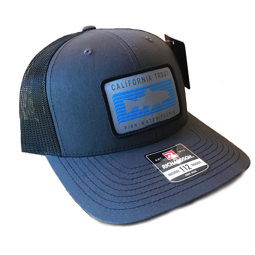 CalTrout Trucker Hat – Charcoal/Black with Woven Patch | CalTrout Gear Shop