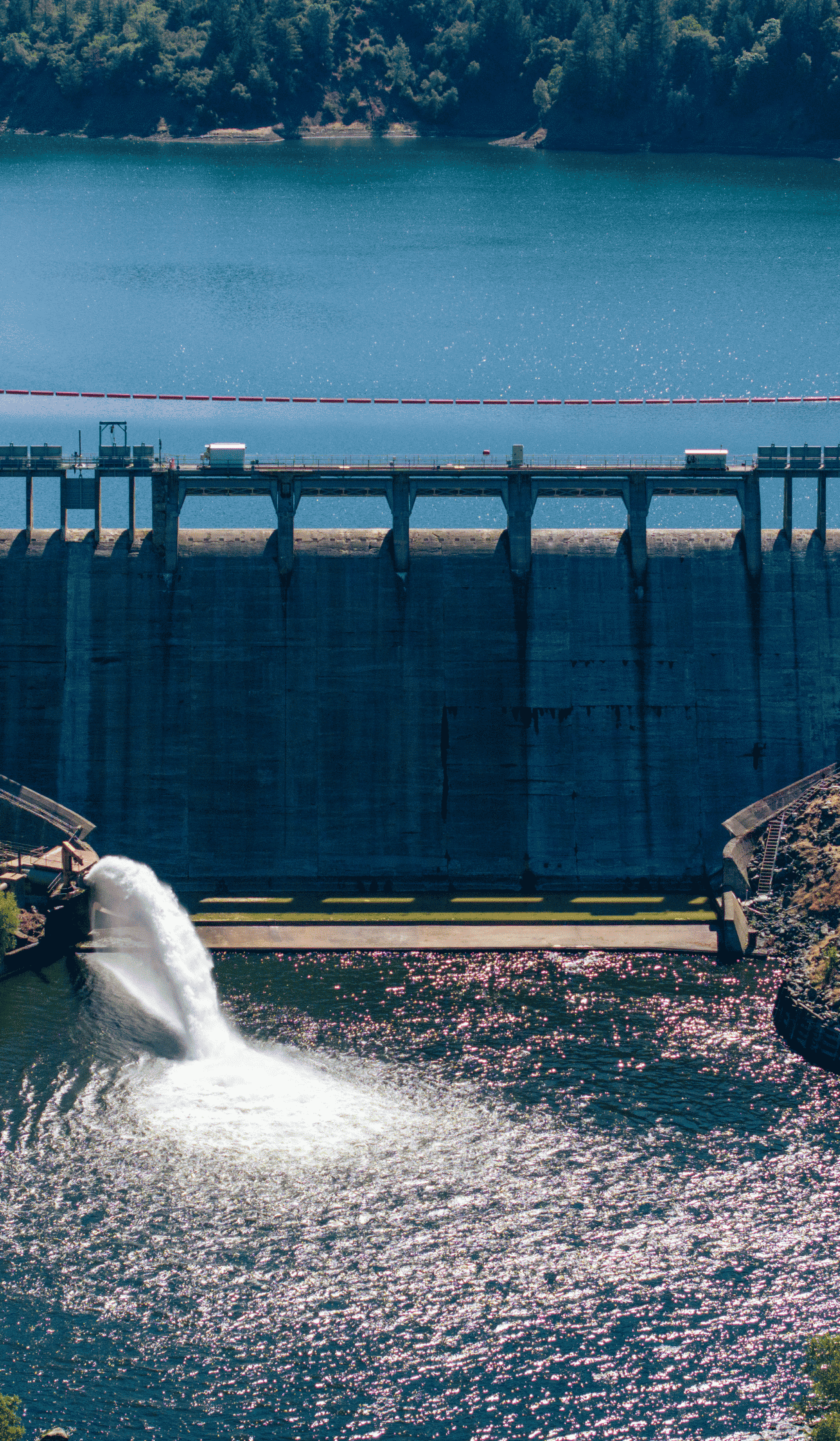 Copco 2 Dam on the Klamath River, with water flowing through its lower outlet